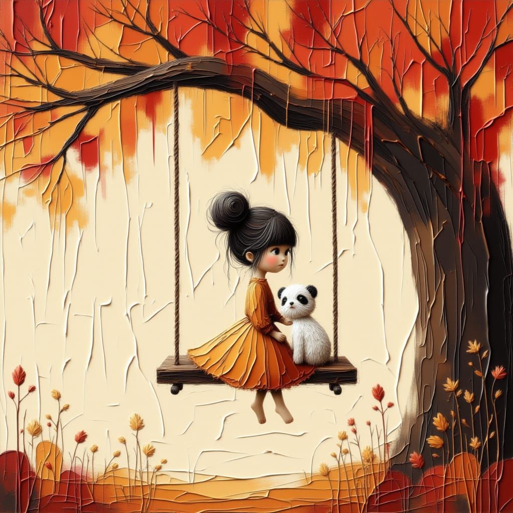 Girl and Puppy on Autumn Swing in Storybook Style