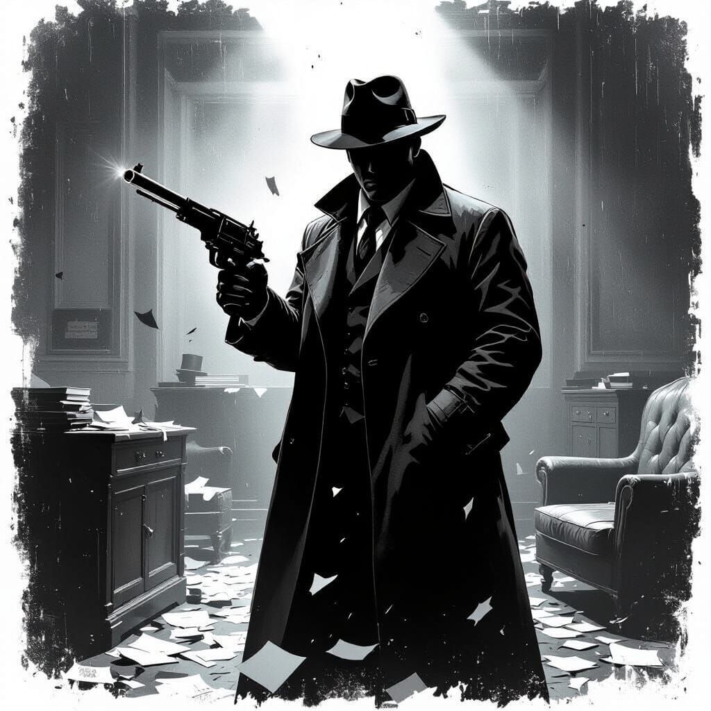 Menacing Gangster Robbing Vintage Bank in Film Noir Style