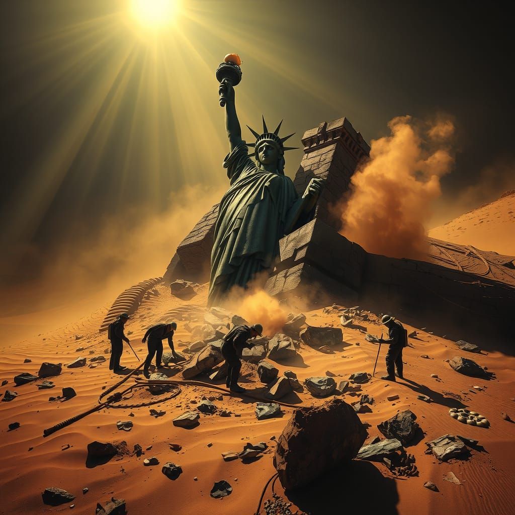 Shattered Statue of Liberty in Desert Excavation