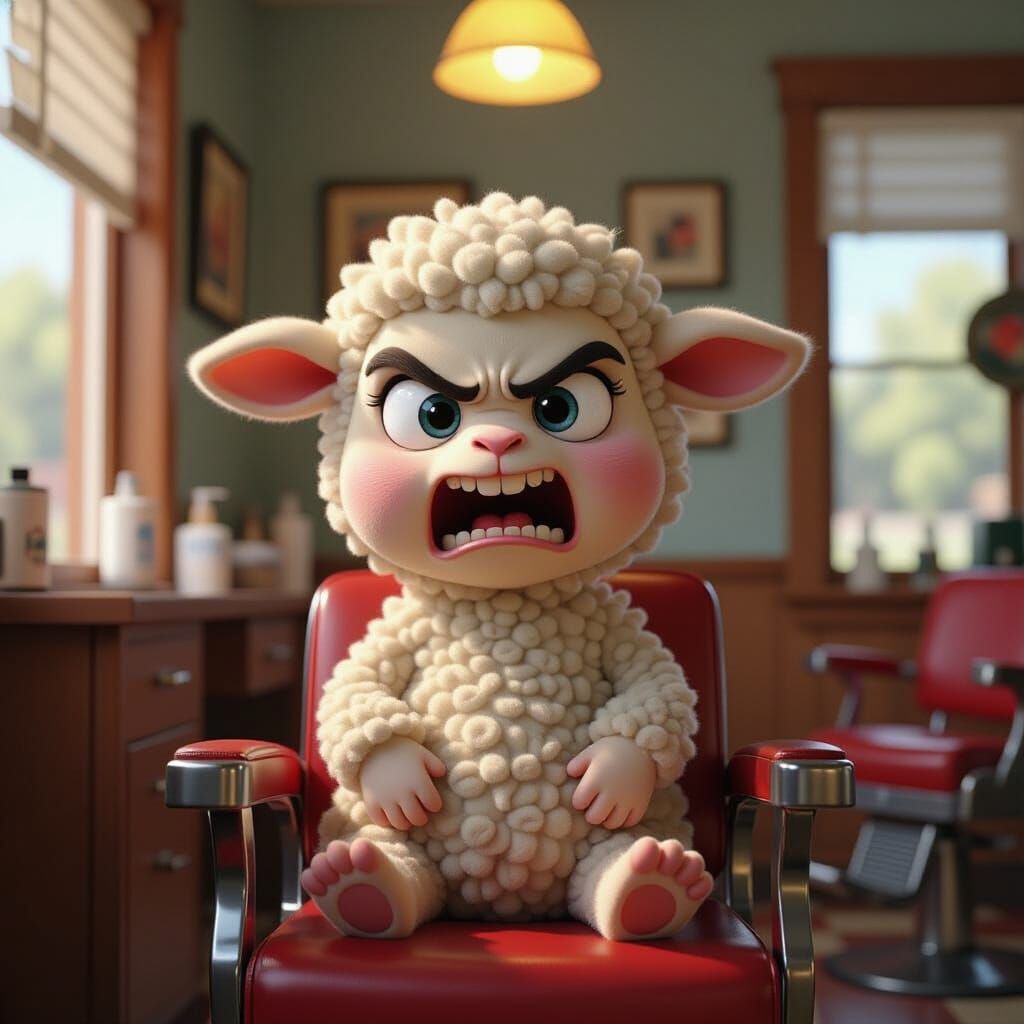 Angry Lamb at Barbershop in Pixar Cartoon Style