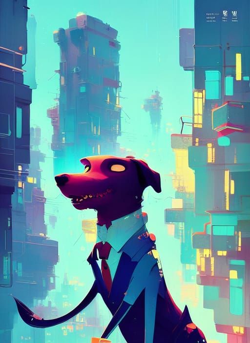 Dog in Suit in Cityscape, Composite Art Style