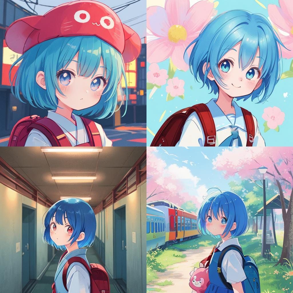 Anime Girl with Blue Hair and Red Collar