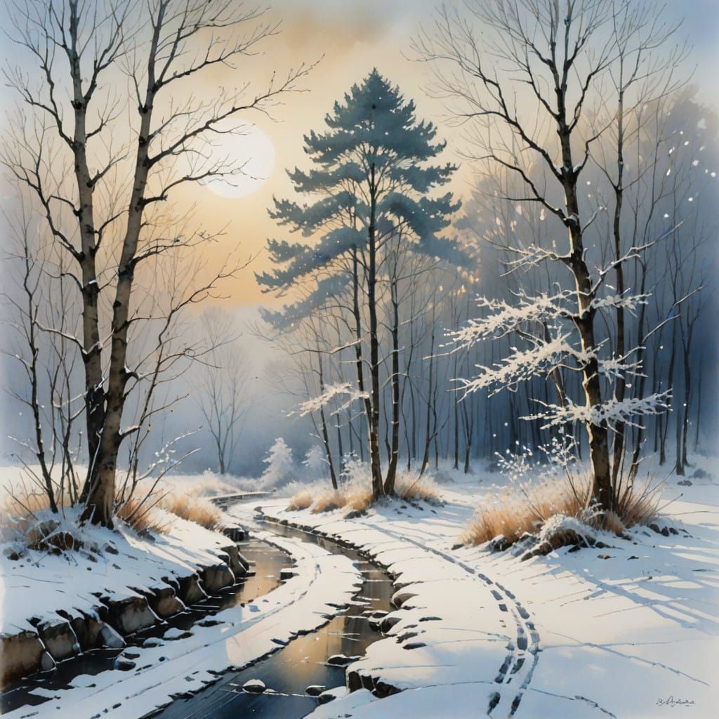 Serene Winter Landscape in Intricate Brushwork