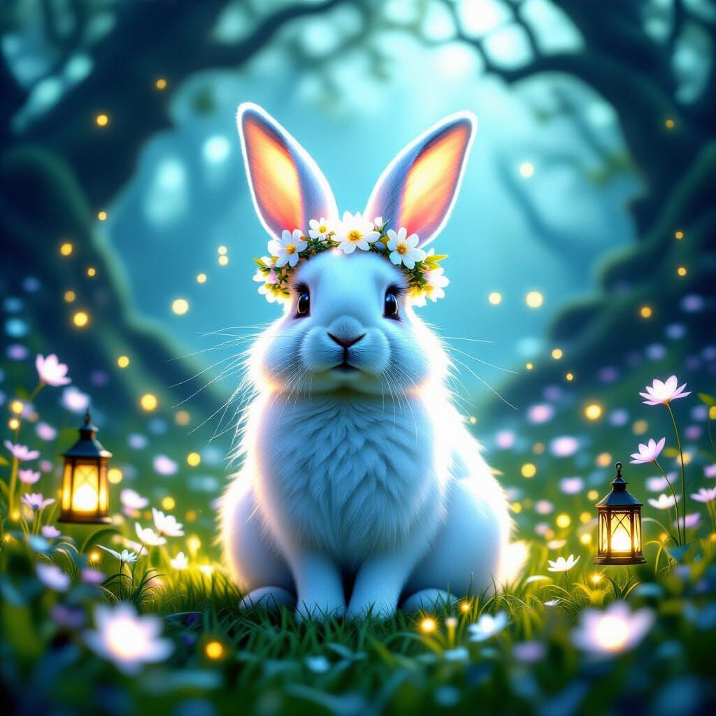 Enchanting White Rabbit in Magical Twilight Meadow