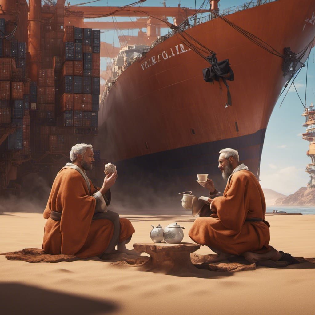 Desert Scene: Men Drinking Tea by Cargo Ship