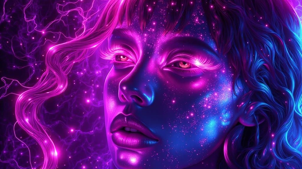 Vibrant Neon Silhouette Art with Metallic Accents