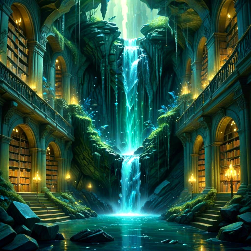 Underground Library Waterfall with Glowing Crystals