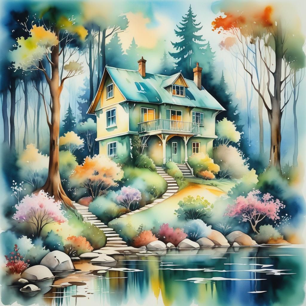 Dreamy Cottage in Forest, Art Deco Watercolor Painting