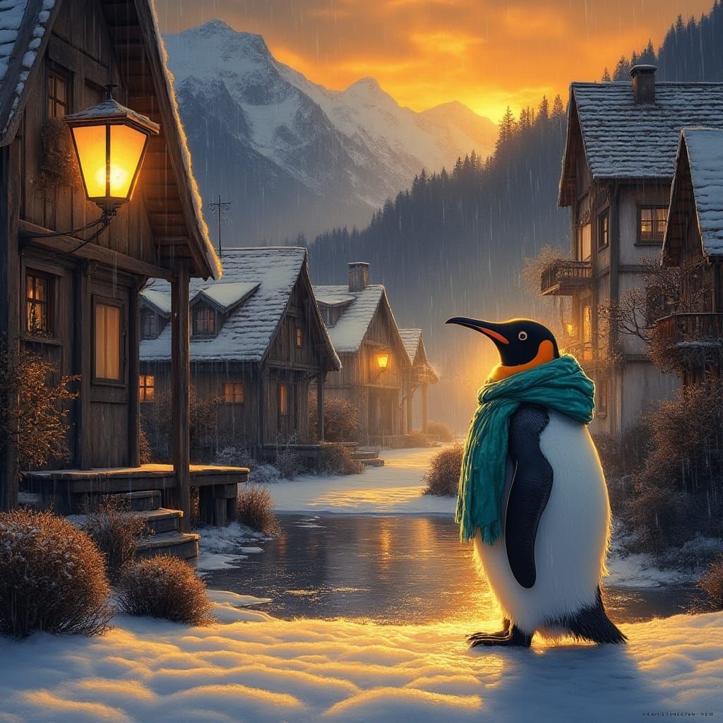 Hyper-Realistic Emperor Penguin in a Foggy Swiss Village