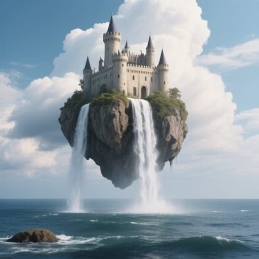 Castle on Floating Rock with Waterfalls Above Ocean