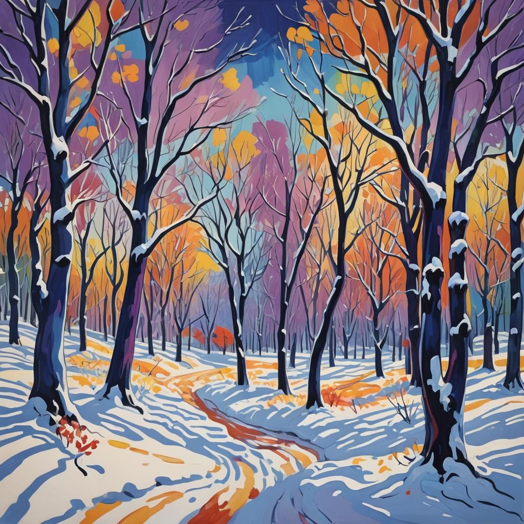 Vibrant Fauvist Winter Landscape as Colorful Painting