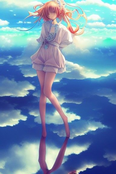 Anime Girl on Clouds: Digital Illustration