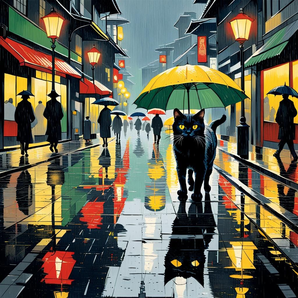 Cat Reflections in Rainy Cityscape: Impressionistic Urban Sc...