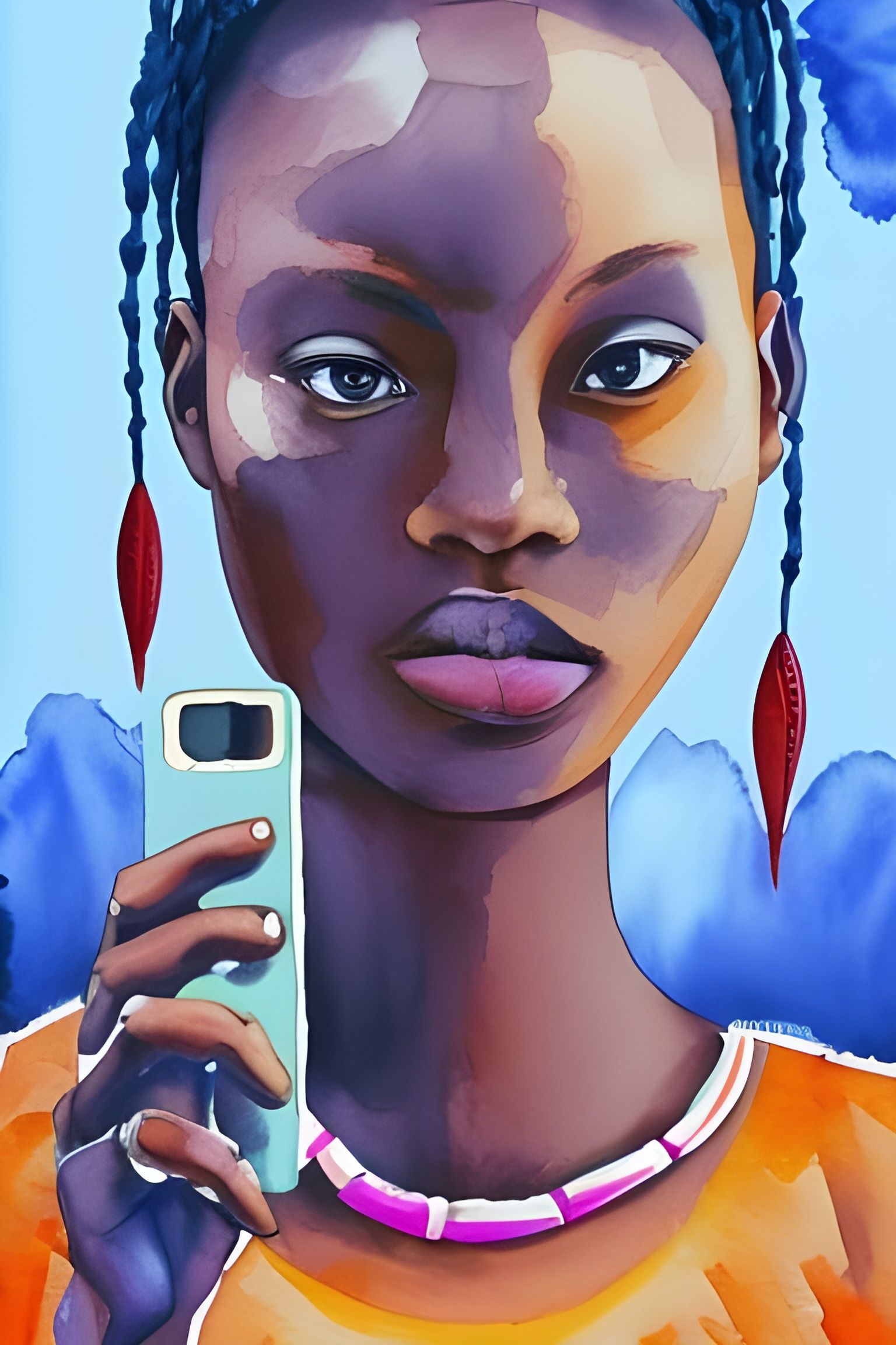 African Woman's Selfie: Expressive Watercolor Portrait