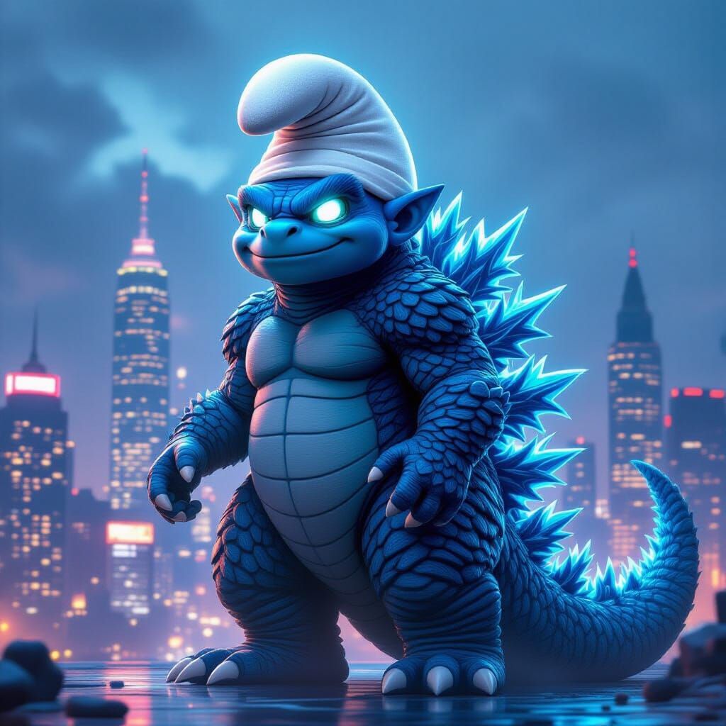 Papa Smurf Godzilla Hybrid in Futuristic City