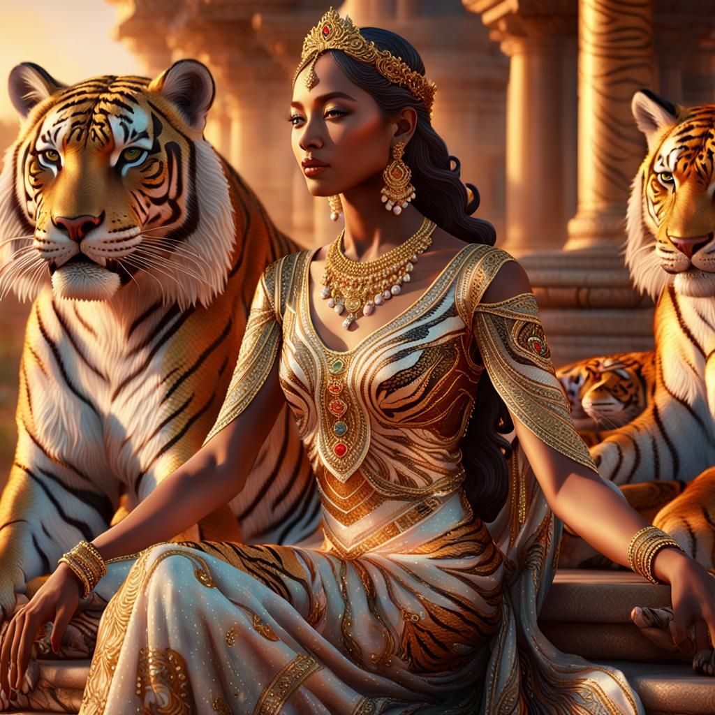 Goddess on Altar with Tigers in Golden Light
