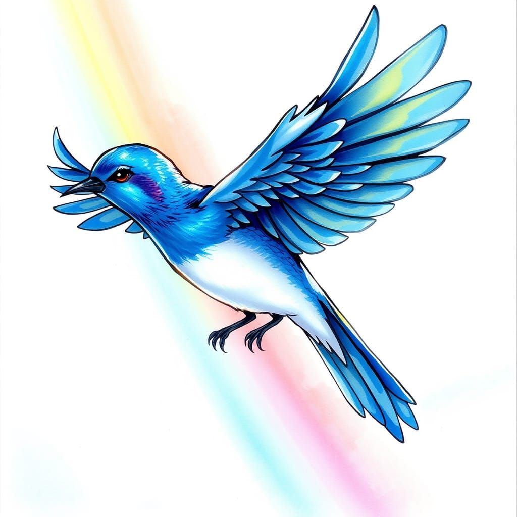 Majestic Bluebird Soars Beyond Vibrant Rainbow