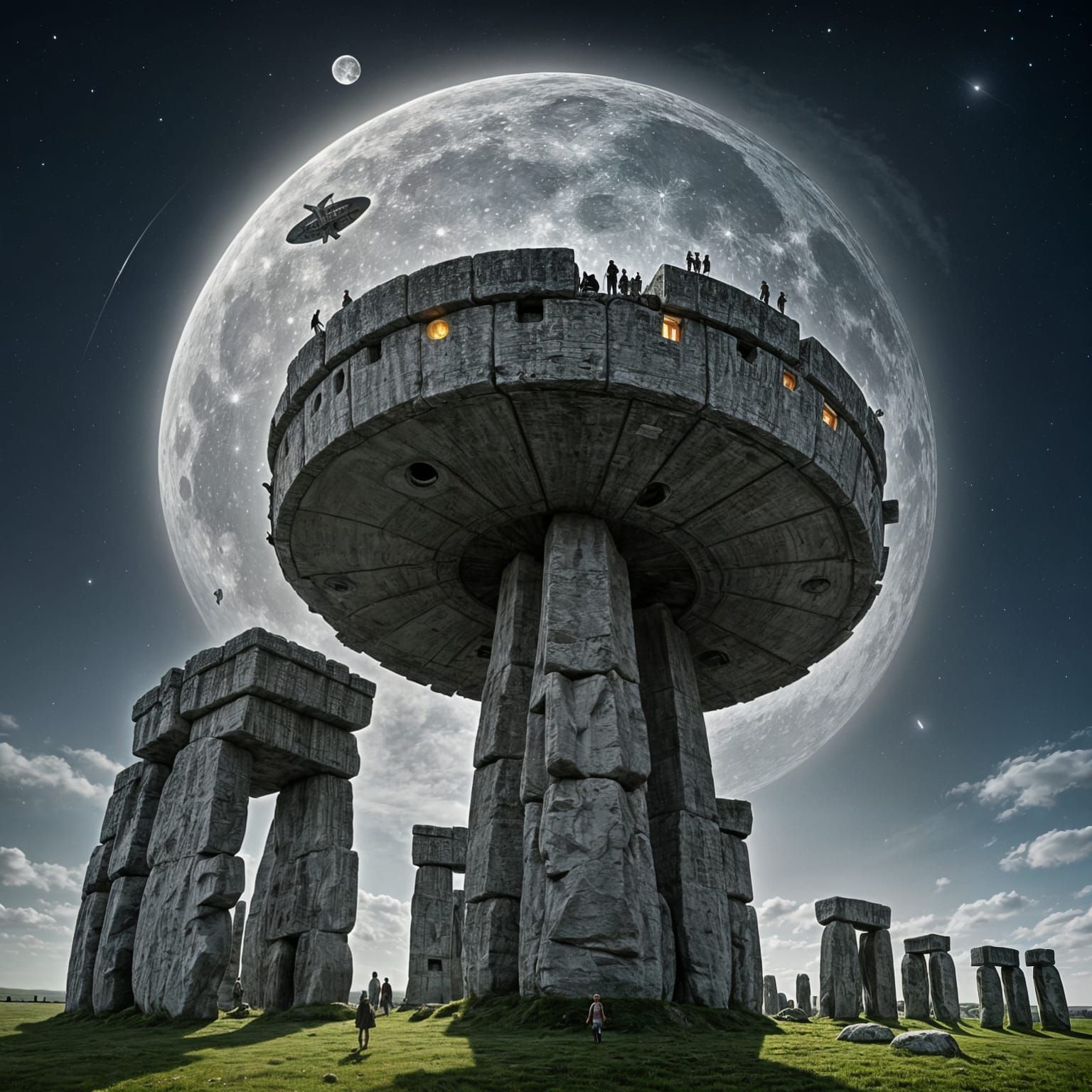 Alien Spaceship over Stonehenge with Elf in Moonlight