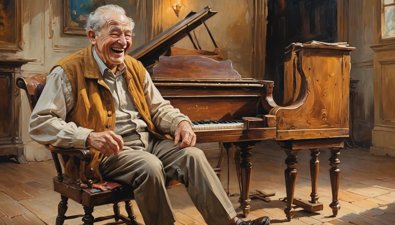 Elderly Man Plays Piano: Vibrant Oil Painting