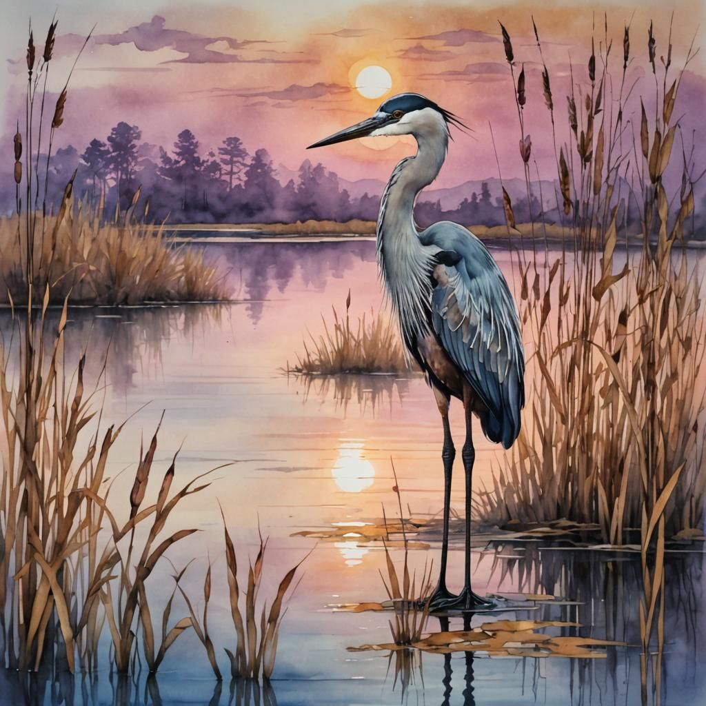 Mauve Sunset Lake Heron in Alcohol Ink