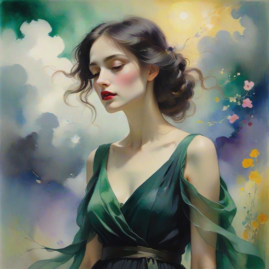 Ethereal Woman in Emerald Glow