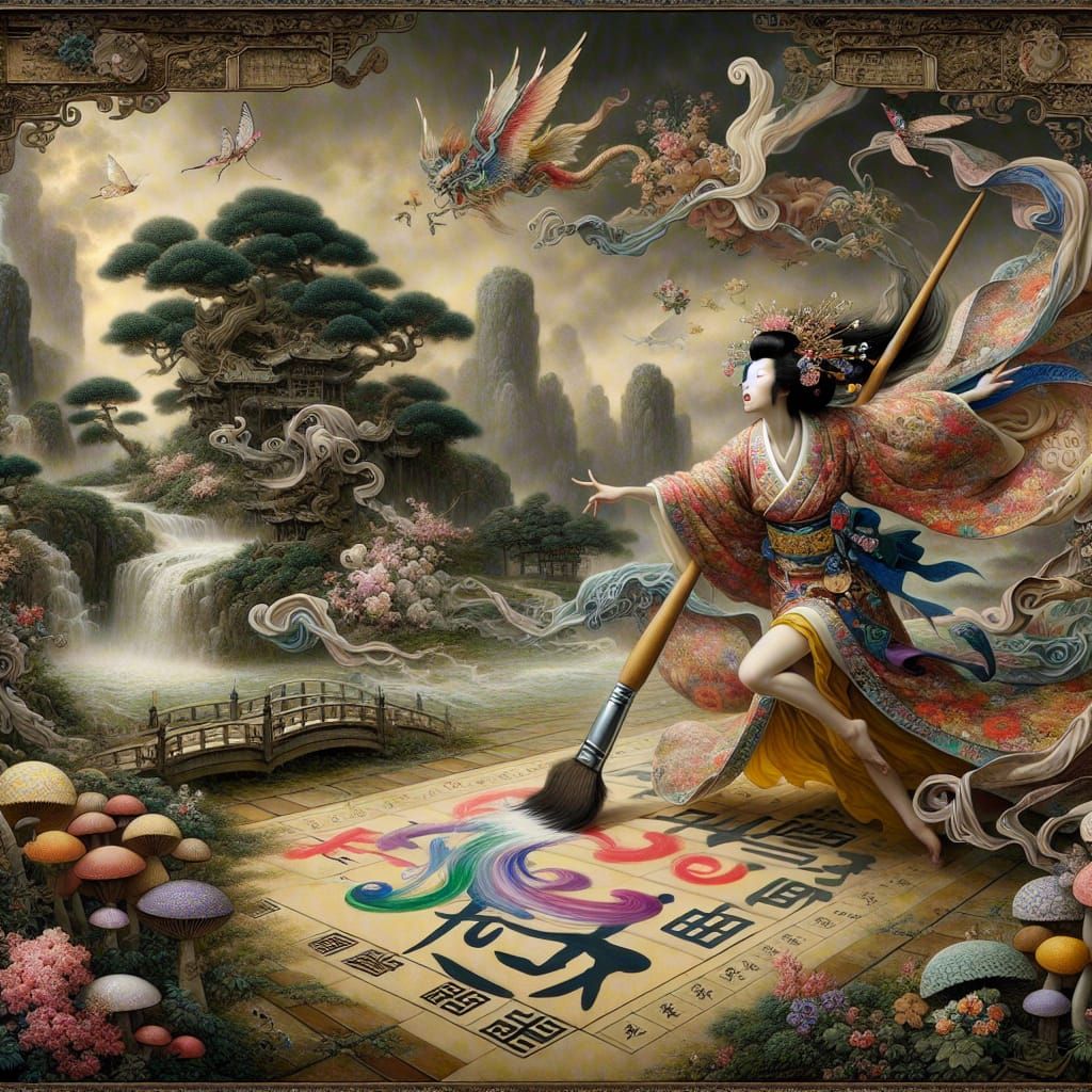 Japanese Princess Dancing with Paintbrush in Surreal Paintin...