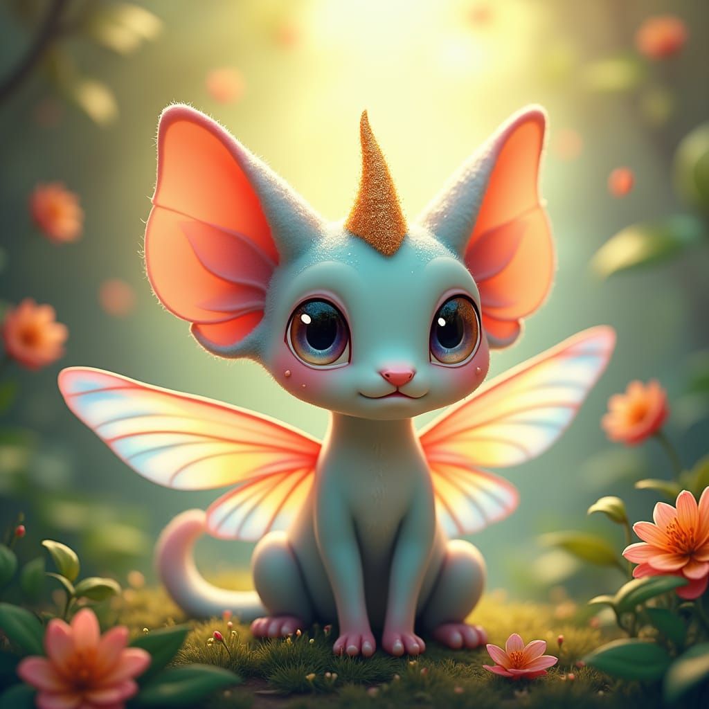 Pastel Kitten-Dragonfly Creature with Iridescent Wings