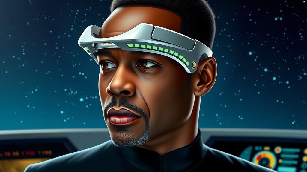 LeVan Burton plays Geordi Laforge from Star Trek ,he wears a comb-like arc-shaped prosthetic attached at the temples , f...
