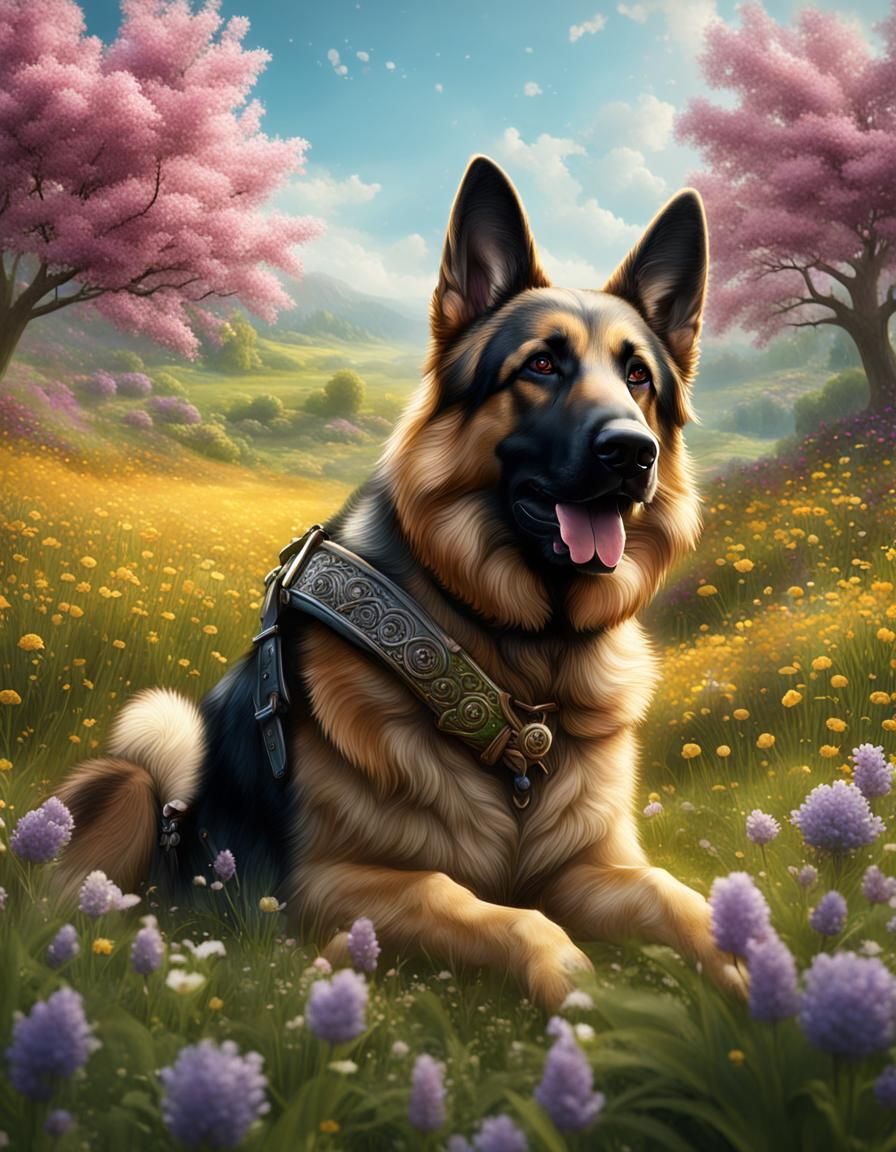 German Shepherd in Spring Meadow: Fantasy Concept Art