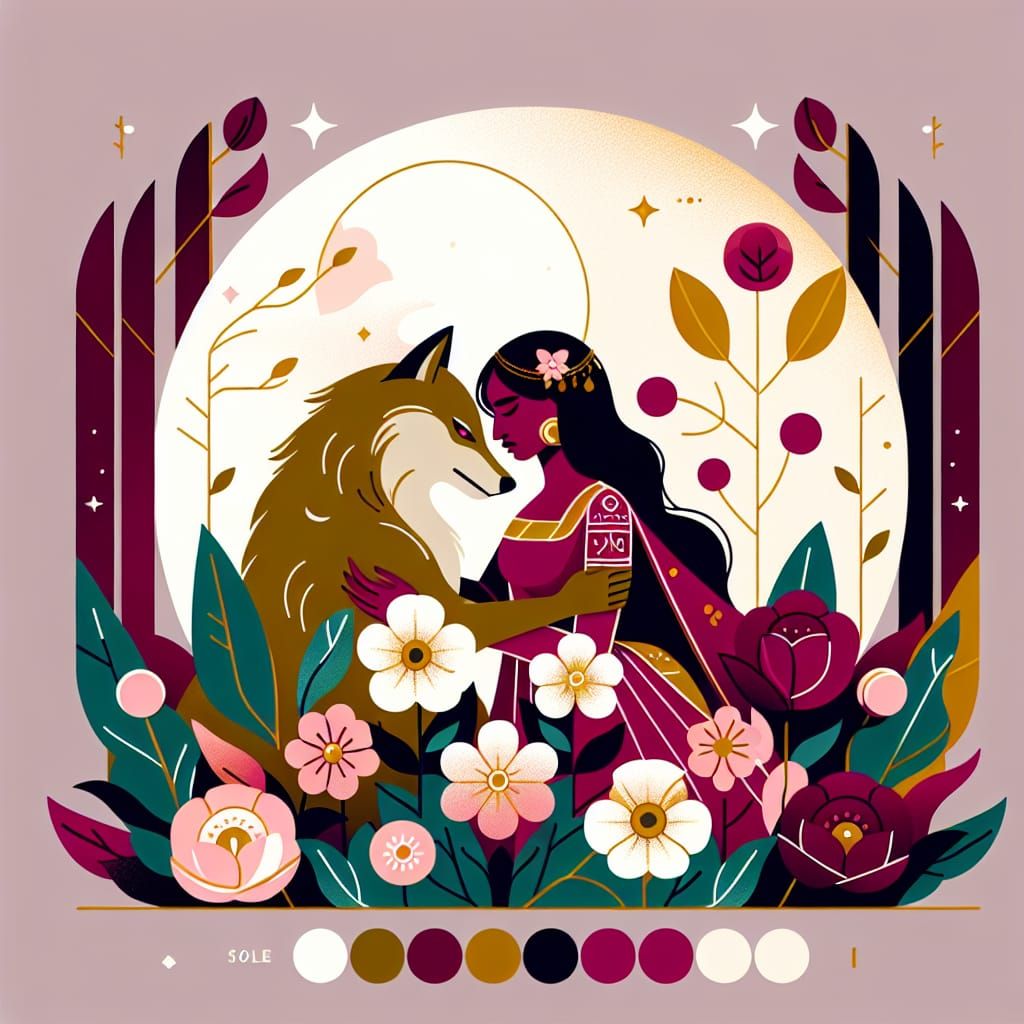 Princess and Werewolf Embrace in Minimalist Fairytale