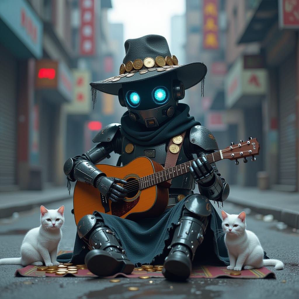 Cyberpunk Robot Busker in Grimy Cityscape