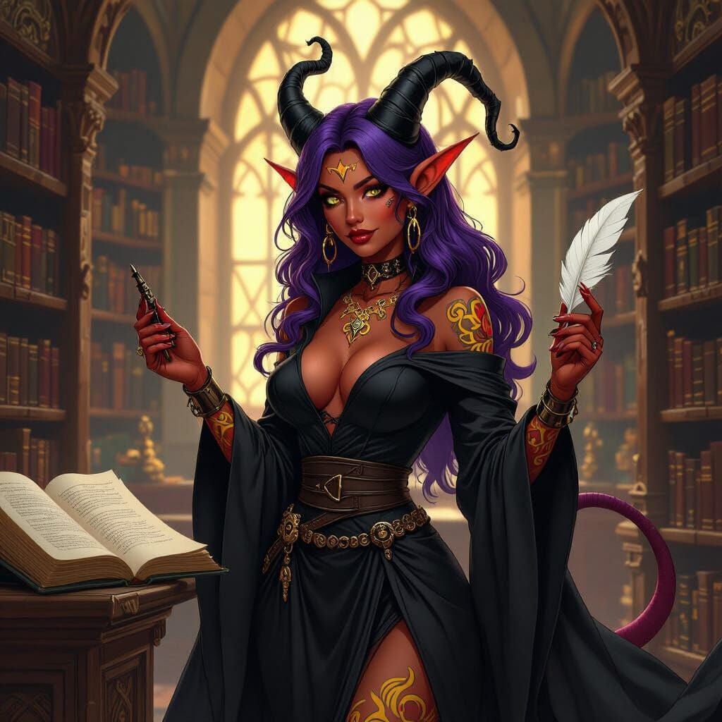 Tiefling Witch in Gothic Library, Frank Frazetta Style