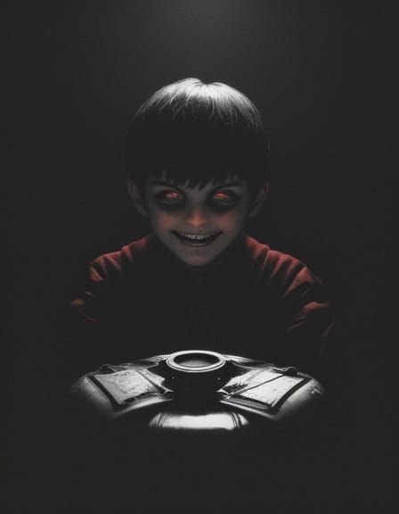 Creepy Red-Eyed Boy Smiling in Dark Room