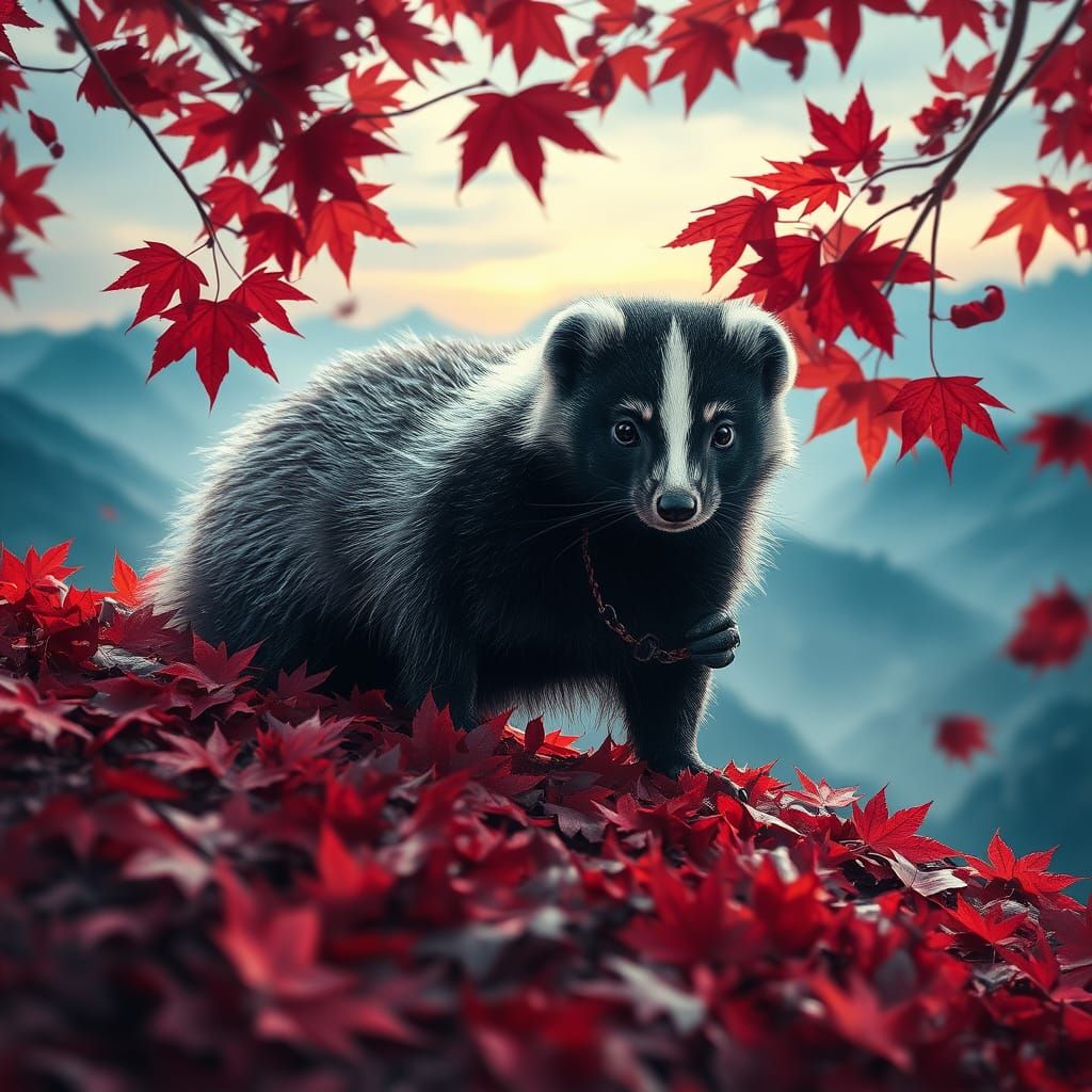 Skunk Playing in Autumn Leaves, Dreamlike Landscape