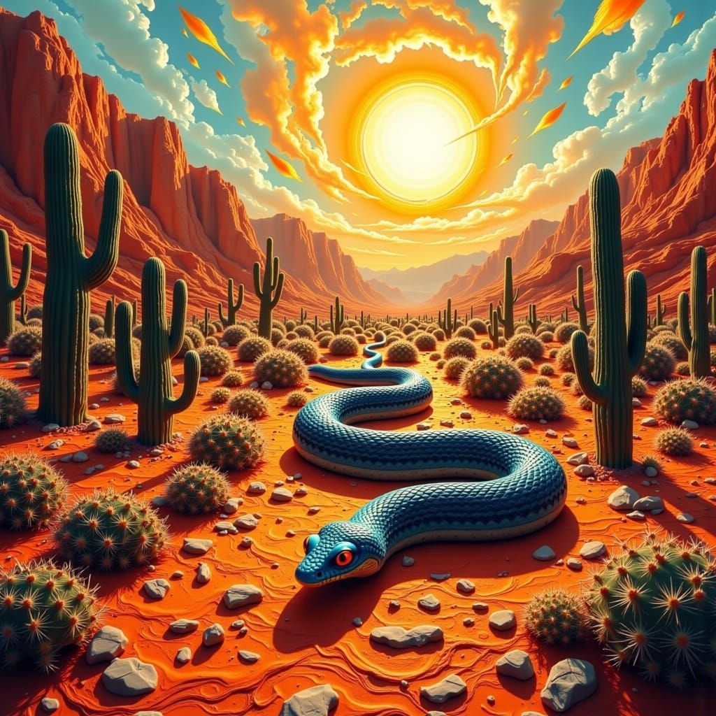 Rattlesnake Slithering Through Desert as Oil Painting