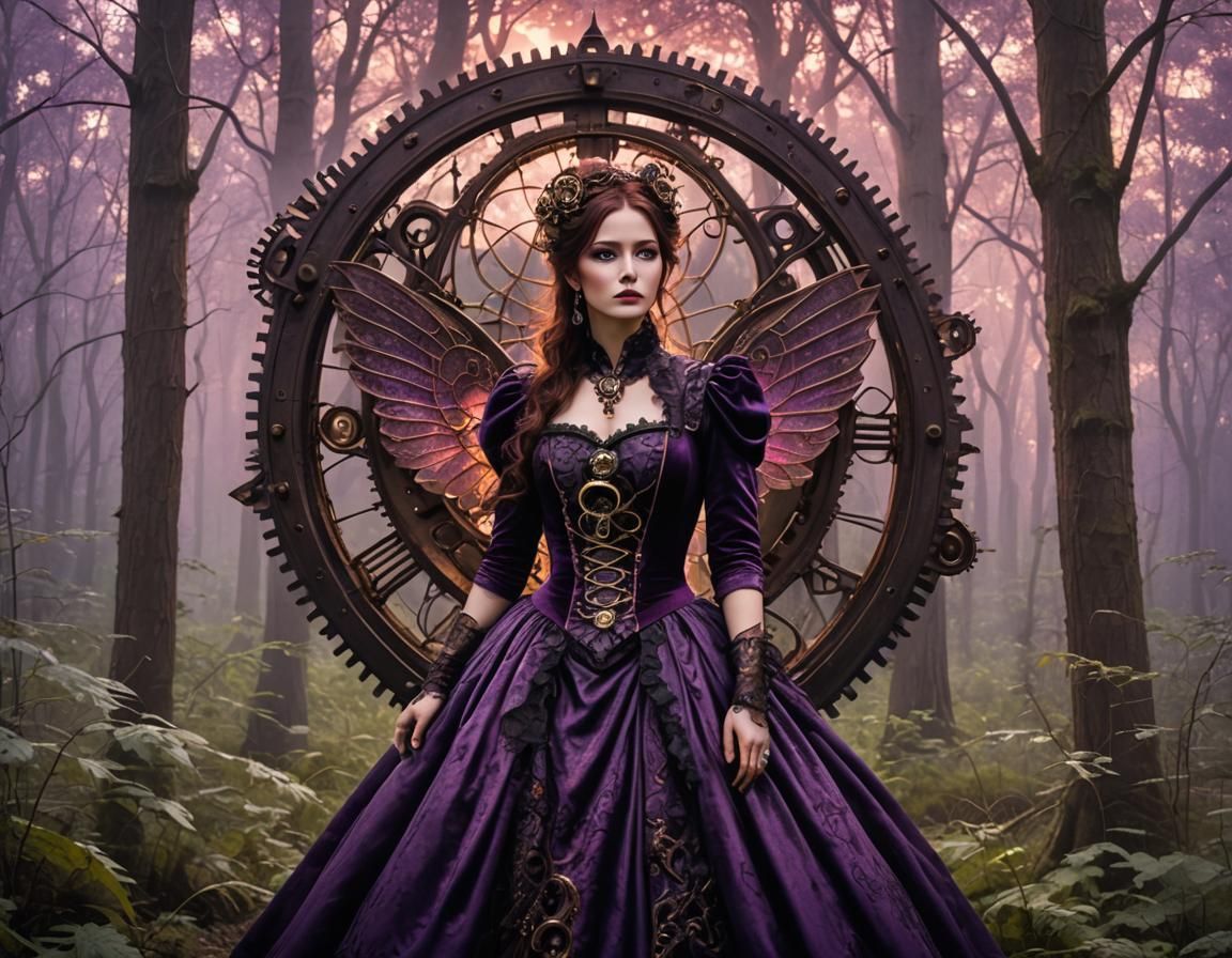 Steampunk Forest Figure in Crimson Sky