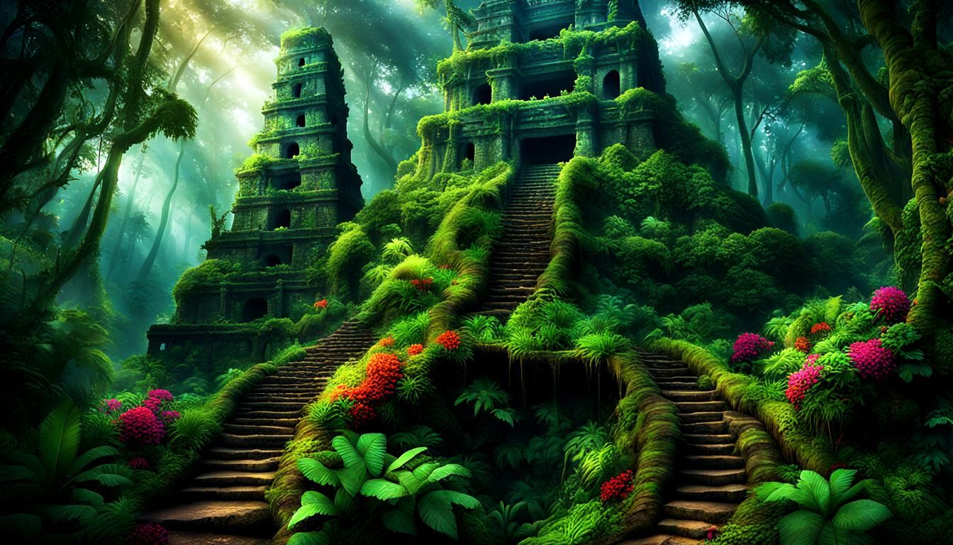 Mayan Tower in Rainforest Canopy: Digital Art