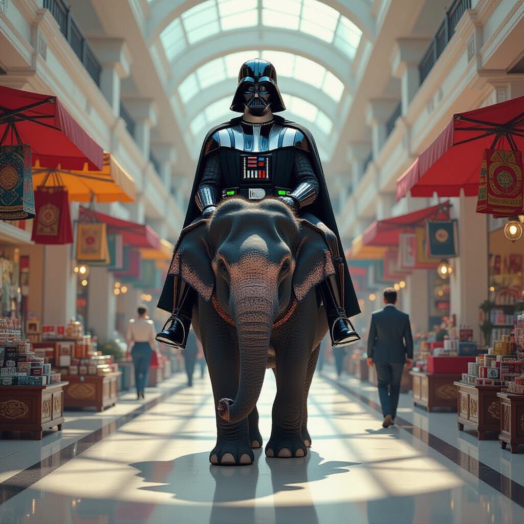 Darth Vader Rides Elephant Through Modern Mall