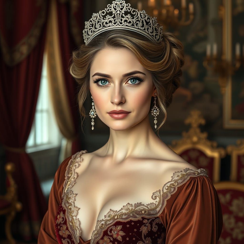 Lady in Antique Finery, Gazing Directly with Quiet Confidenc...