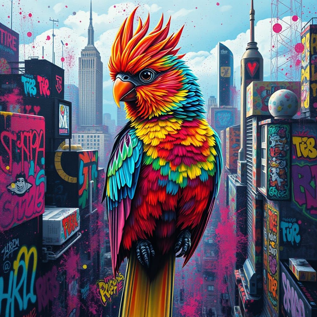 Vibrant Strawbirdy in a Kaleidoscopic Urban Explosion