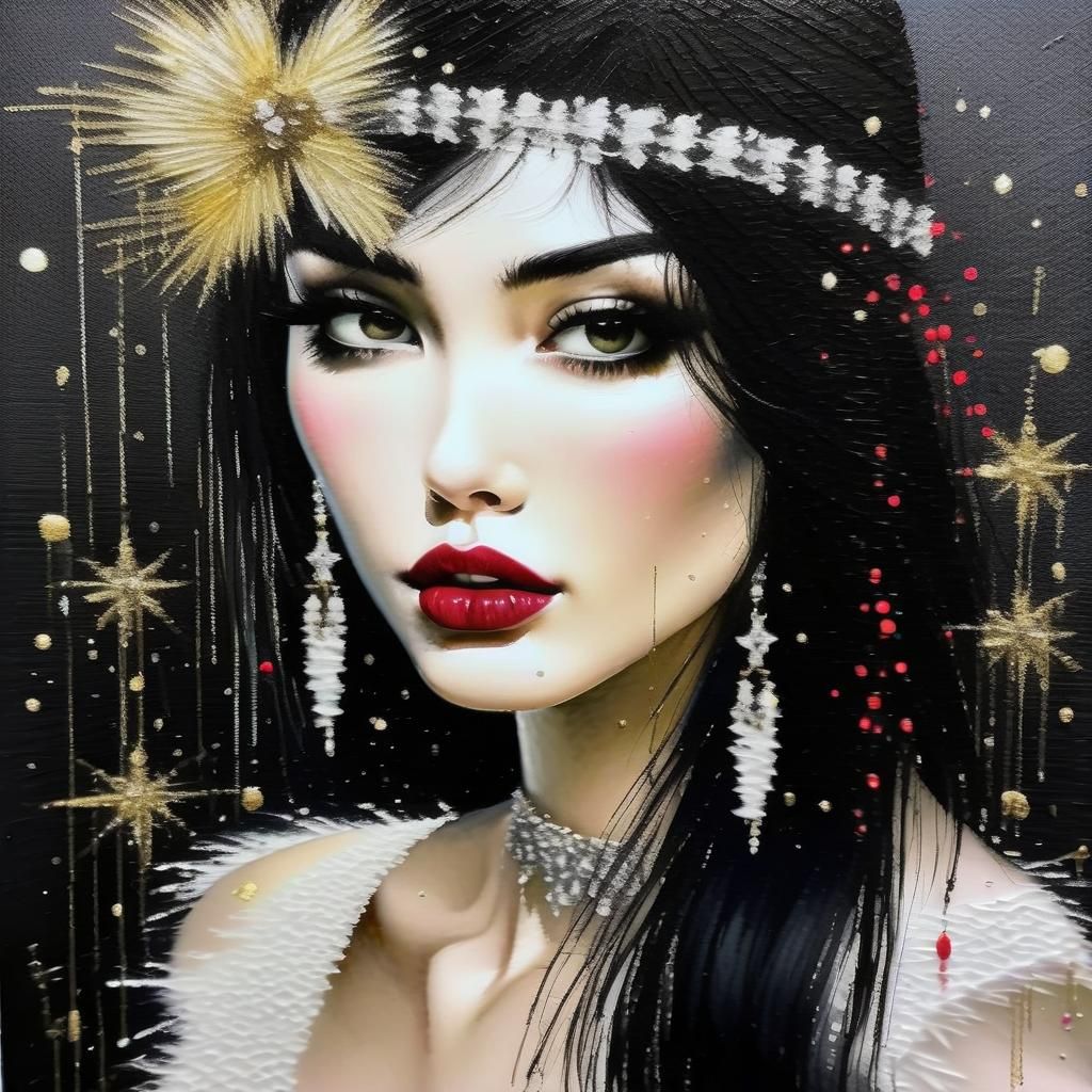 Brunette in Lace Dress: Maximalist Oil Painting