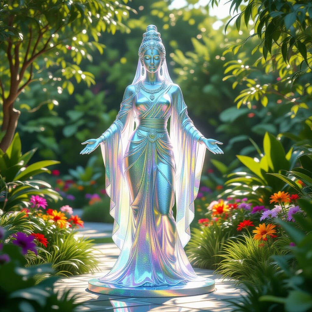 Holographic Goddess Statue in Cosmic Garden