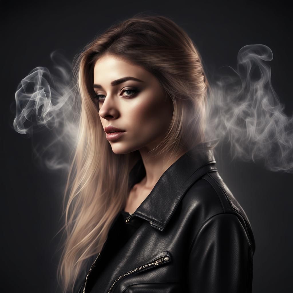3D image of a beautiful 20-year-old girl, wearing a black jacket that says 'Nelly' Kajal, artistic smoke. Computer Photo...