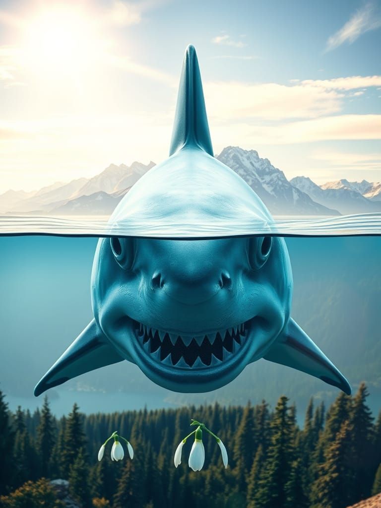 Surreal Shark Head Over Layered Landscape