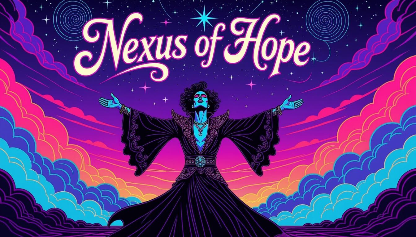 Dancing Goth Man in Psychedelic Shirt with Neon Sky