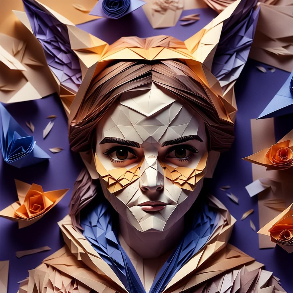 Origami Papercraft Portrait in Watercolor Style