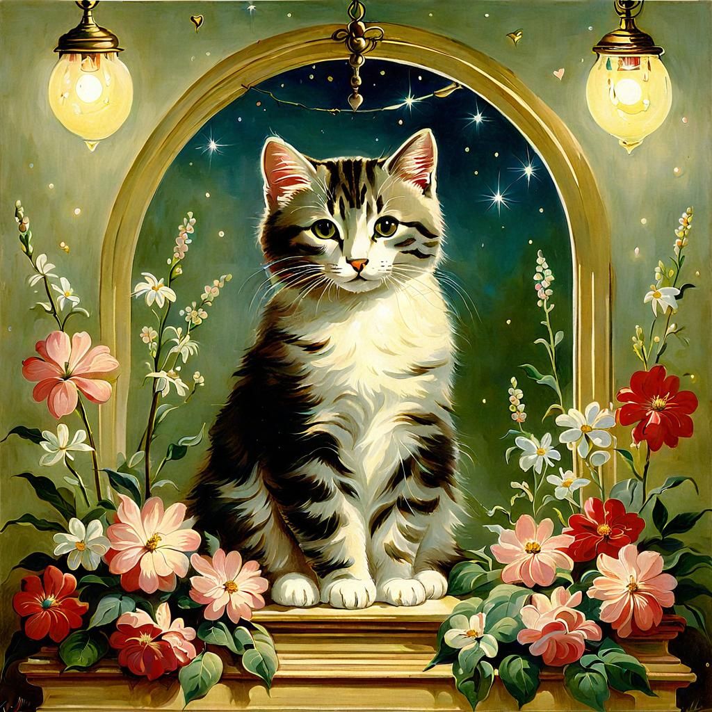 Cute Cat Surrounded by Flowers in Kitsch Style