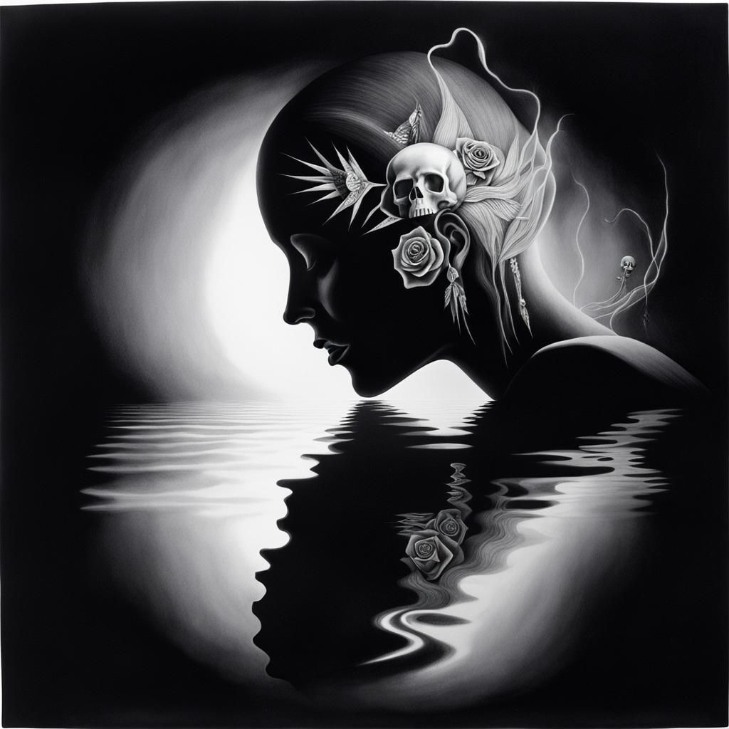 Surreal Crayon Drawing of Goth Woman with Skulls