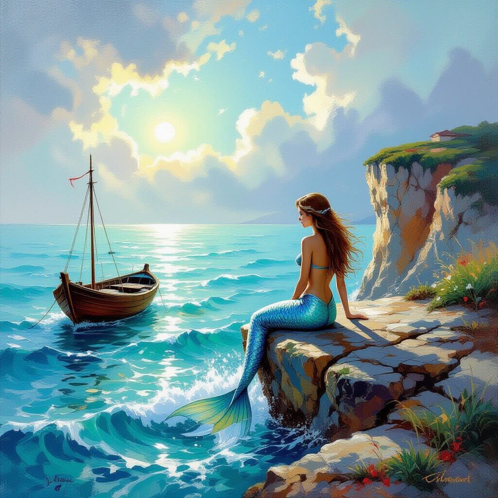 Mermaid Emerges from Sea Near Cliffside Boat in Oil Painting