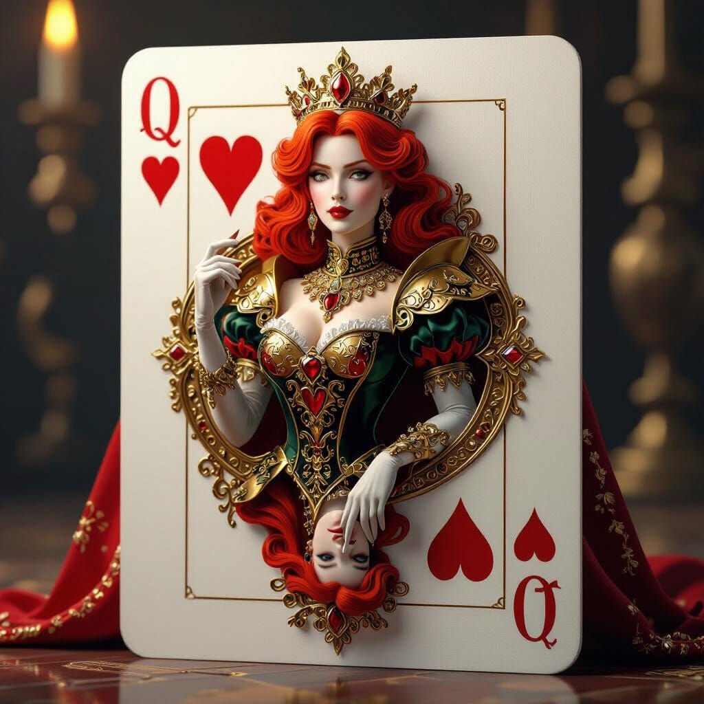 Luxurious 3D Queen of Hearts Playing Card in High-Fantasy St...